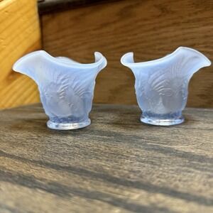 2- 1930s Duncan & Miller Rooster Chicken Frosted Blue Opalescent Glass Mini Vase